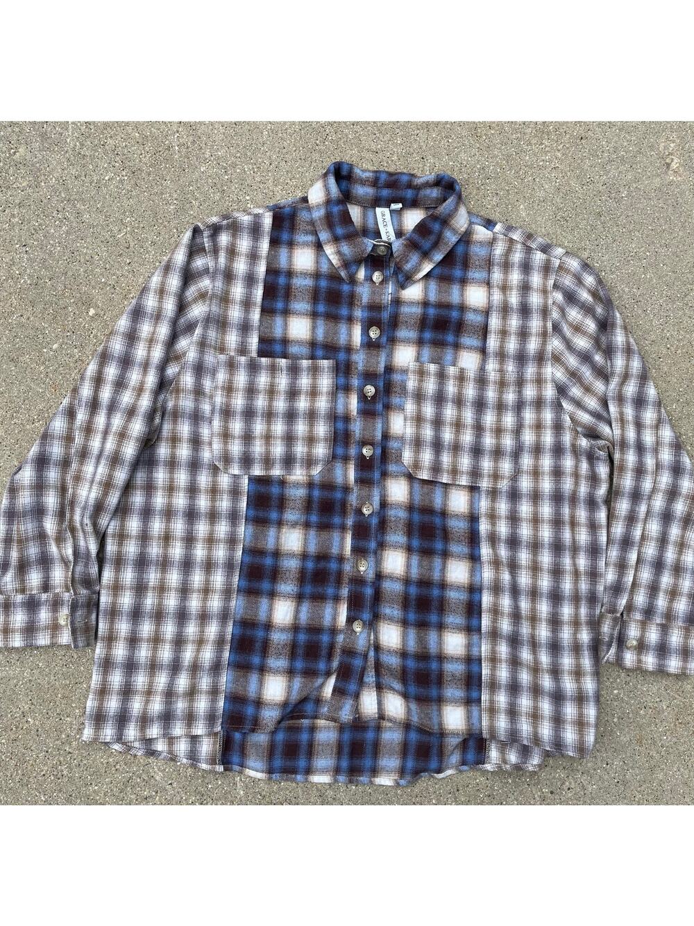 Grace Karma Color Block Plaid Flannel Shirt Brown Blue Oversized Boxy 1X